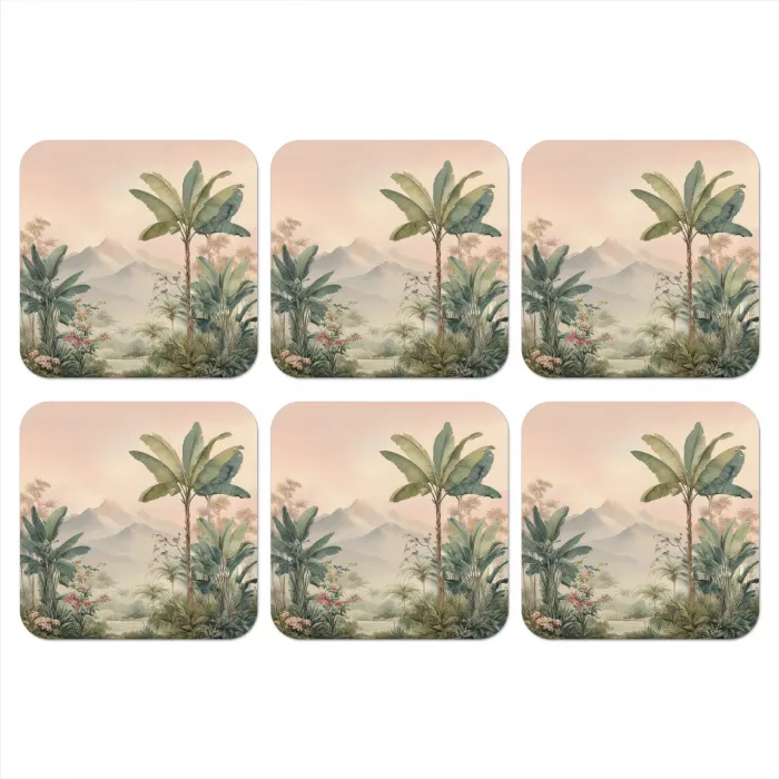 Tropisch landschap - palmbomen - Bloemen - Roze lucht onderzetter kurk middel -3d