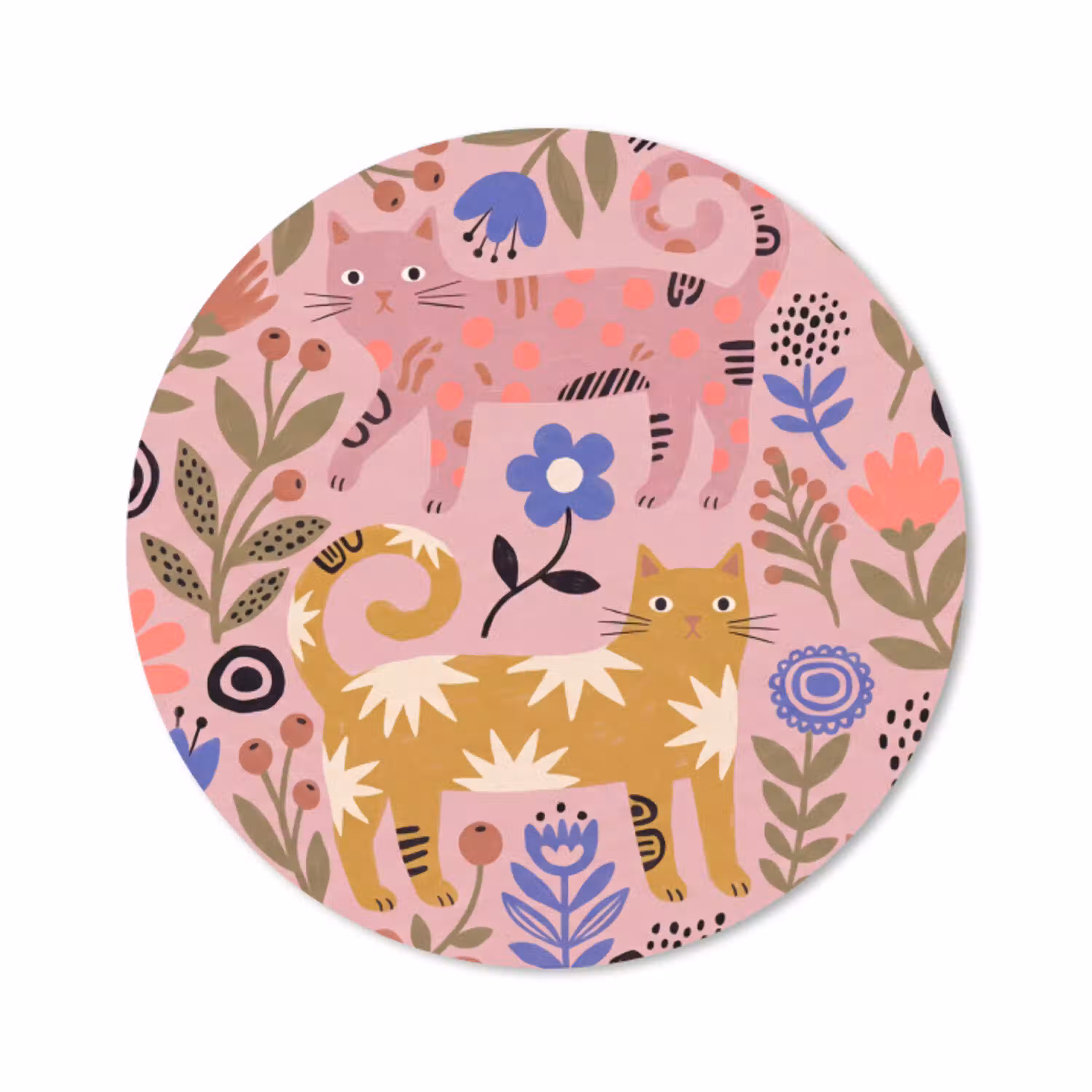 Kat - Bloemen - Dieren - Modern - Roze Muismat rond klein -3d