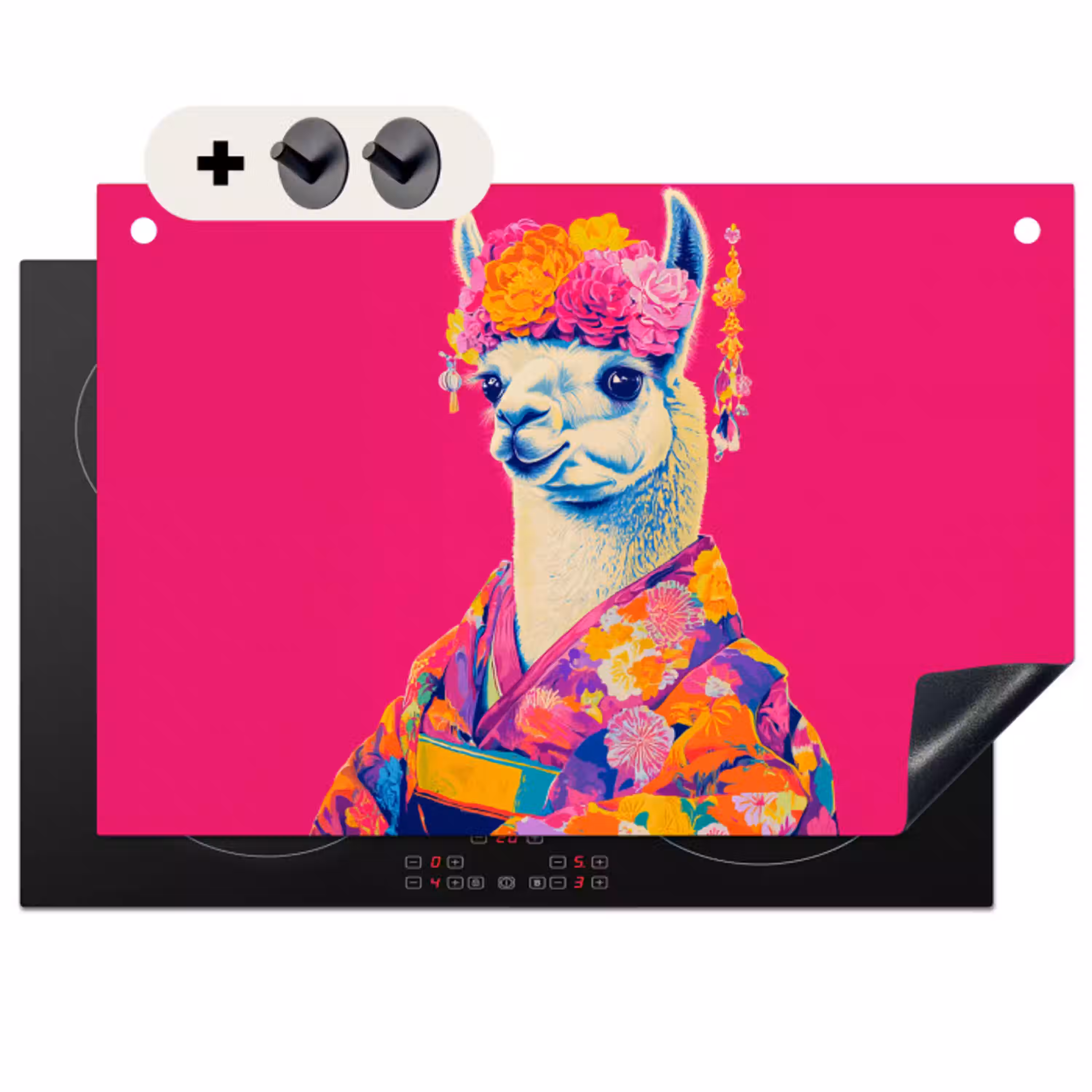 Lama - Kimono - Bloemenkrans - Felroze Inductie beschemer met haakjes klein -3d