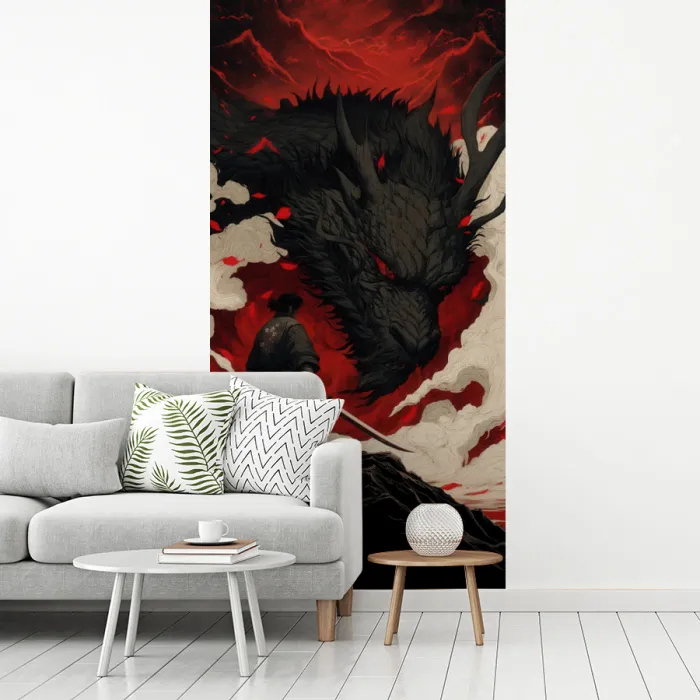 Krijger - Draak - Zwart - Rood - Rook fotobehang vinyl groot -woonkamer