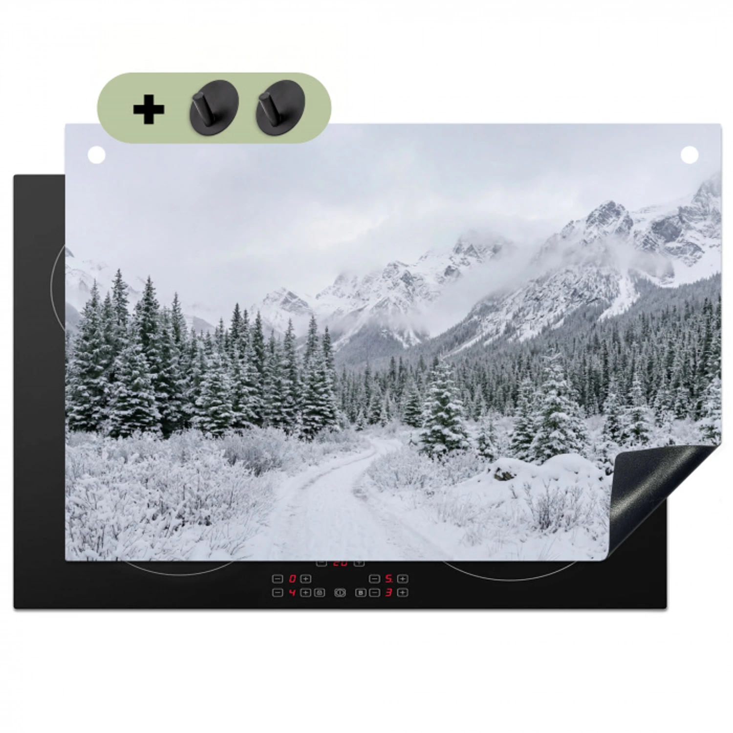 Weg - Bergen - Sneeuw - Naaldbos - Avontuurlijk Inductie beschemer met haakjes klein -3d