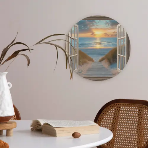 Doorkijk - Strand - Pad - Zonsondergang Akoestische PET Vilt - Rond klein -sfeer3