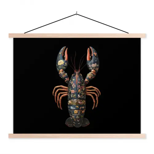 Kreeft - Zwart - Bloemenpatroon - Artistiek textielposter latten blank klein -3d