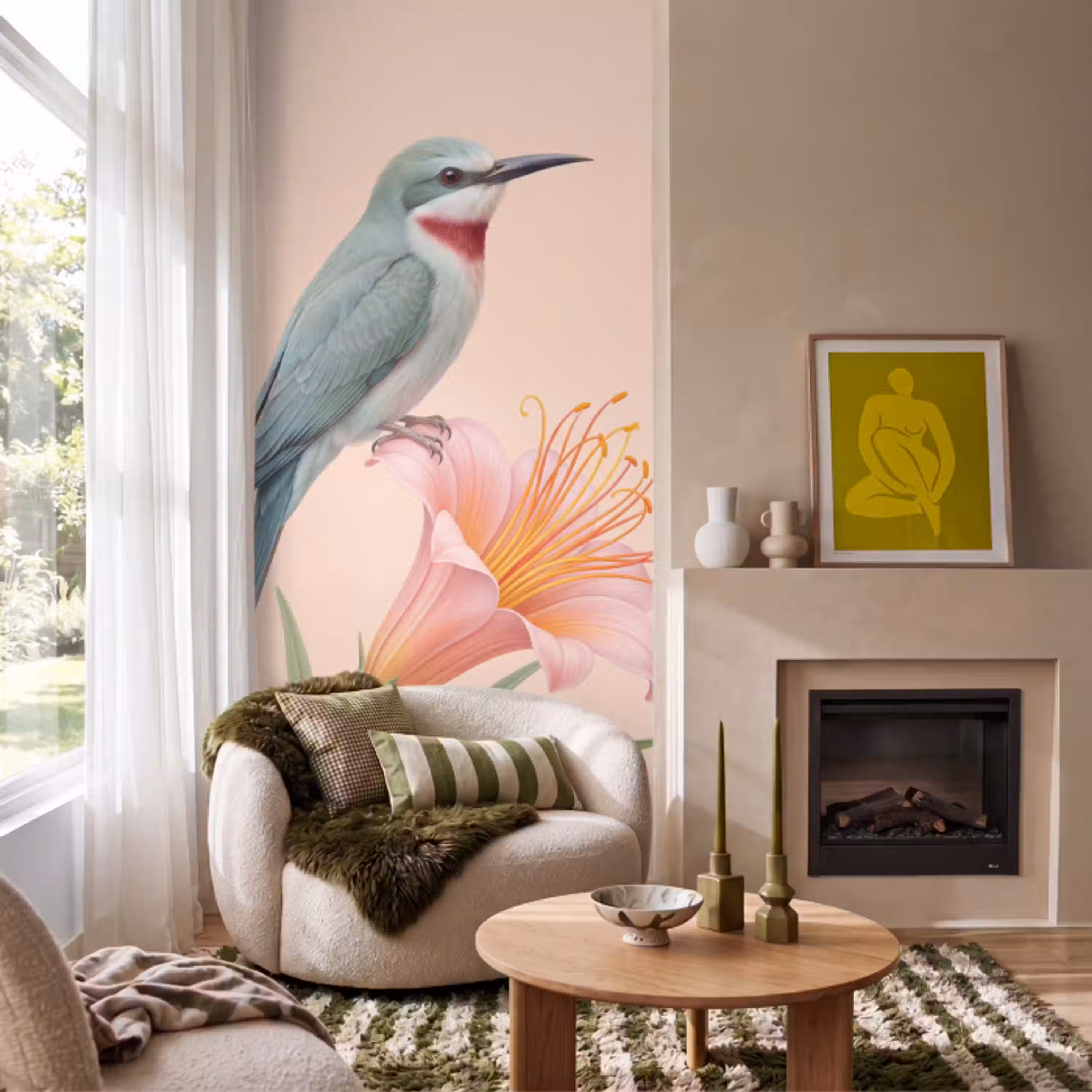 Vogel - Bloem - Natuur - Roze Behang Vlies klein -sfeer2