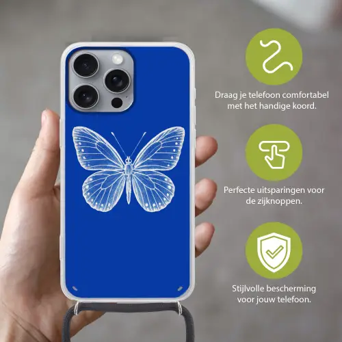 Vlinder - Wit - Getekend - Stippen Hoesje iPhone 16 Pro Max met koord klein -sfeer2_NL