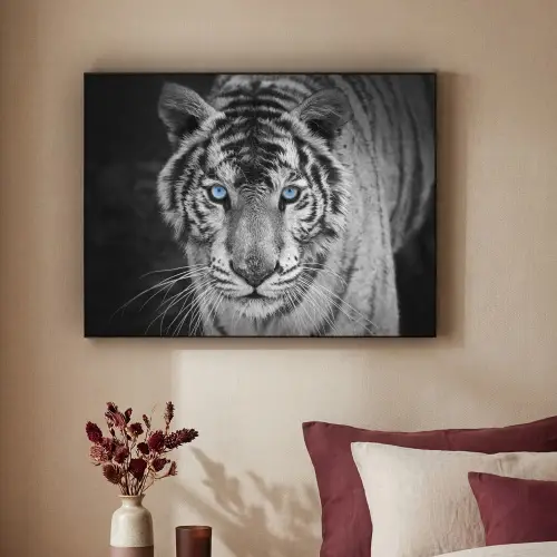 Tijger - Dier - Zwart - Blauw - Modern Textielframe zwart klein -sfeer1