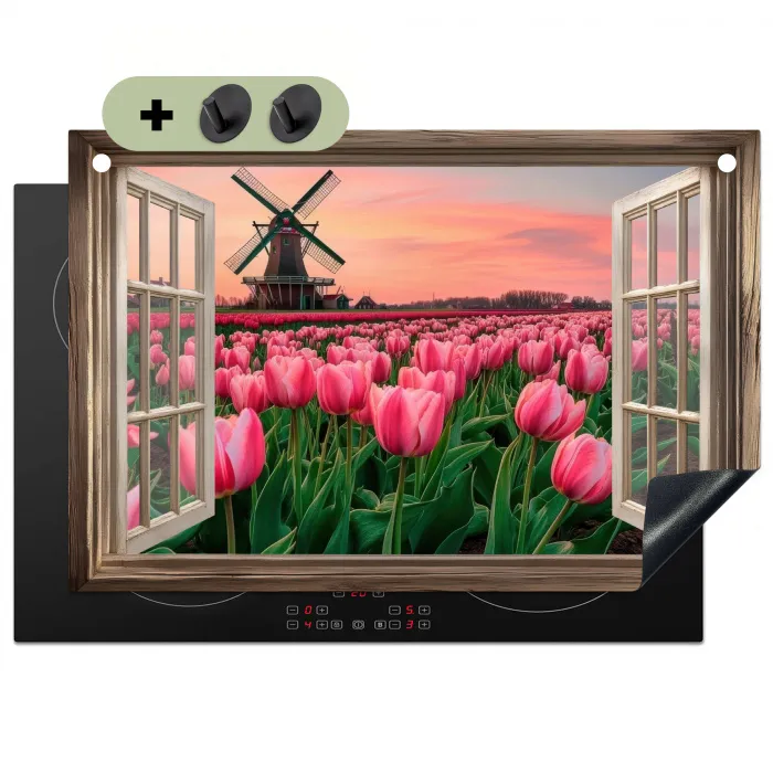 Doorkijk - Tulpen - Bloemen - Molen - Raam Inductie beschemer met haakjes klein -3d