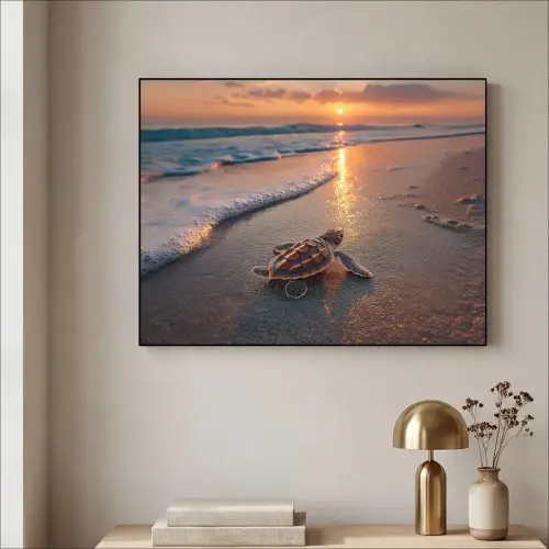 Schildpad - strand - Zonsondergang Textielframe zwart klein -sfeer2