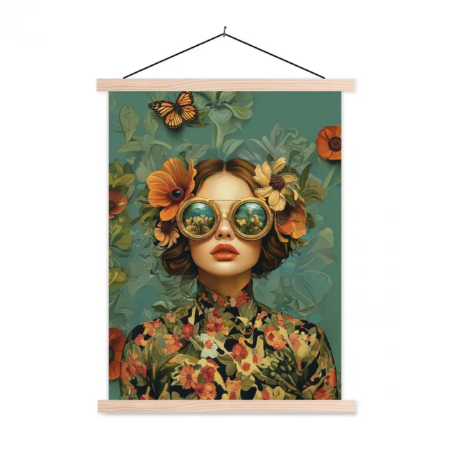 Schoolplaat - Vrouw - Bloemen - Vlinders - Natuur - Vintage
