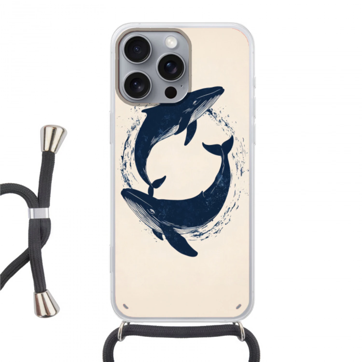 Walvissen - Spetters - Cirkel - Donkerblauw Hoesje iPhone 16 Pro Max met koord klein -3d