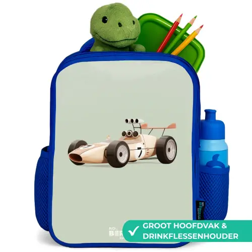 Beige retro raceauto op groen achtergrond Kinderrugzak - Blauw middel -inhoud_NL