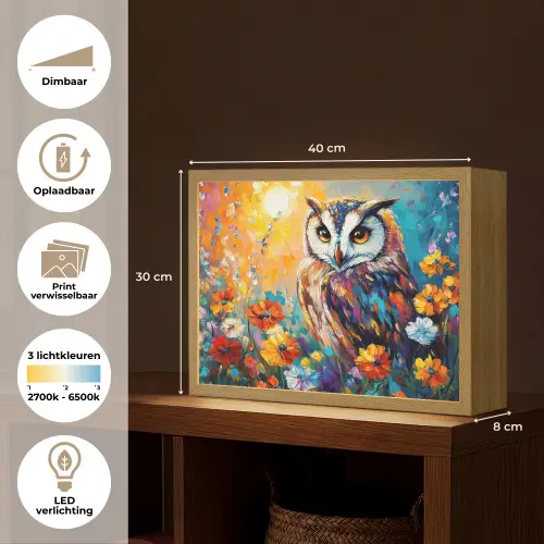 Uil - Bloemen - Kunst - Zonsondergang Light Box met batterij (Wandlamp) middel -USP_websiteoverzichtNL