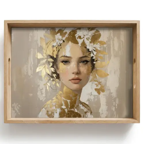 Gezicht - Vrouw - Bladeren - Goud Dienblad Rechthoek middel -z3d_shopping