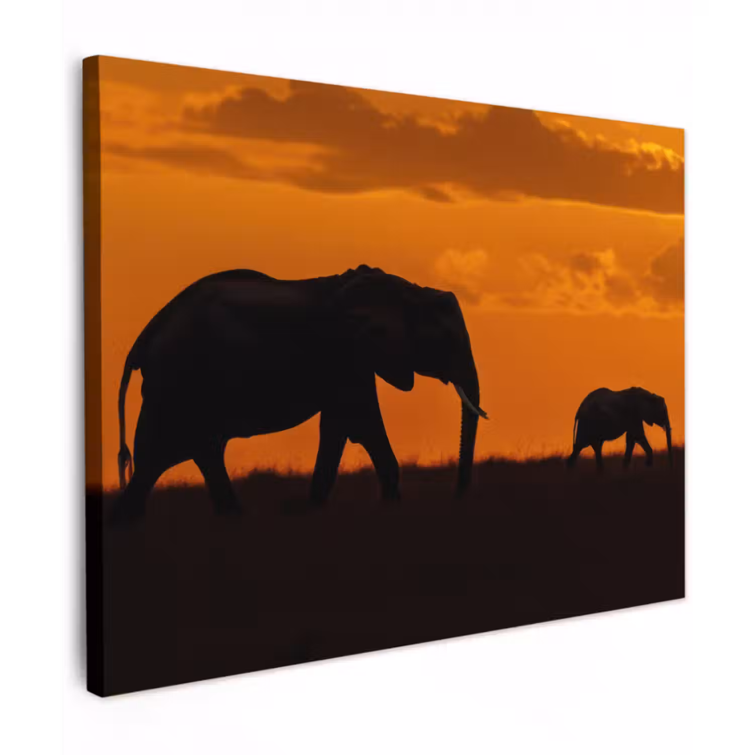 Leinwandbild - Elefanten - Savanne - Sonnenuntergang