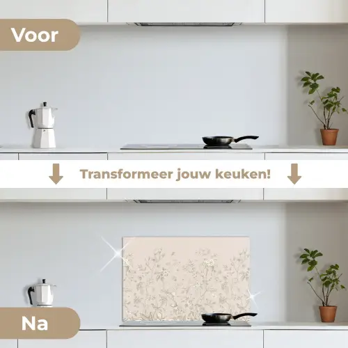 Bloemen - Beige - Botanisch - Vintage keuken achterwand spatscherm klein -voor_na_NL