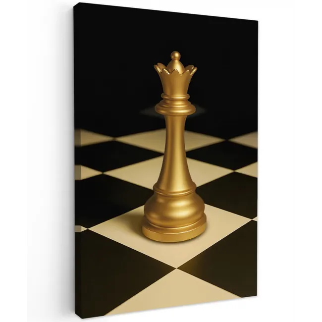 Koningin - Schaakstuk - Geblokt - Goud Tuinposter op houten frame 2 cm dik klein -3d