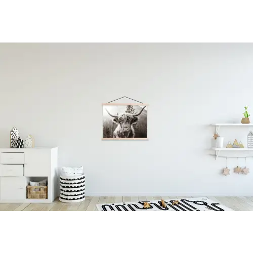 Schotse hooglander - Koe - Dieren - Zwart - Wit textielposter latten blank klein -kinderkamer