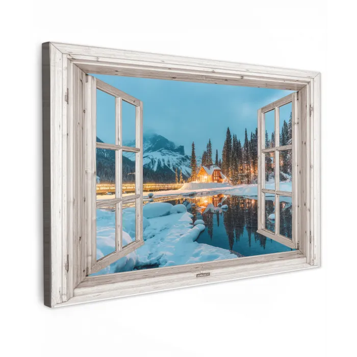 Doorkijk - Winterlandschap - Natuur - Huis - Bergen Tuinposter op houten frame 2 cm dik klein -3d