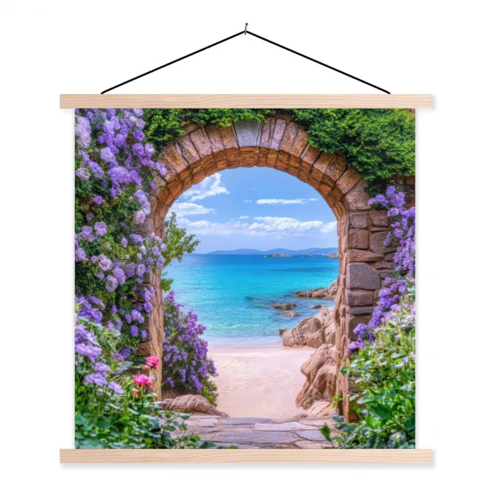 Doorkijk - Poort - Zee - Strand - Rotsen textielposter latten blank klein -3d