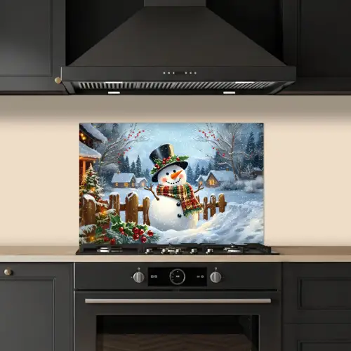Sneeuwpop - Winterdorp - Kleurrijk keuken achterwand spatscherm klein -sfeer1