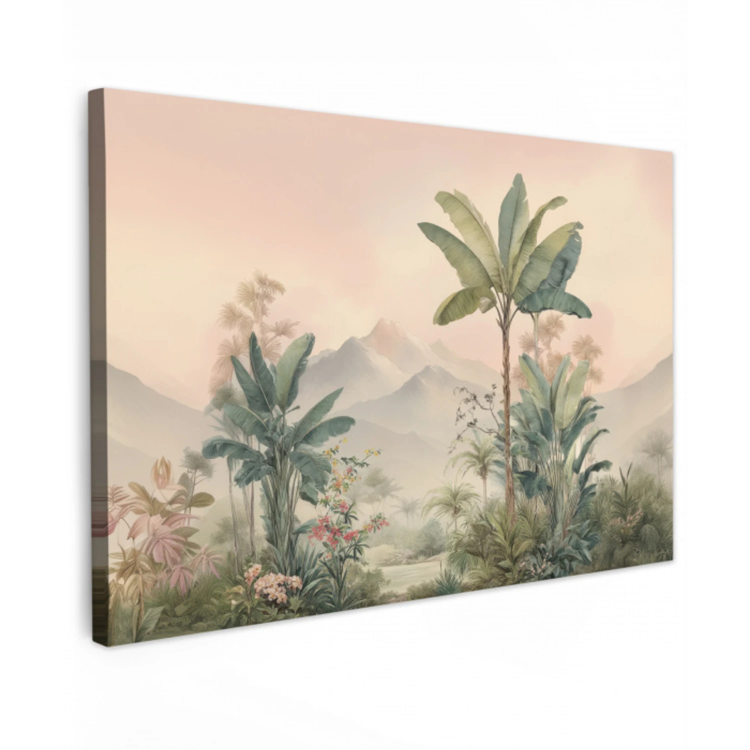 Tropisch landschap - palmbomen - Bloemen - Roze lucht canvas 2cm klein -z3d