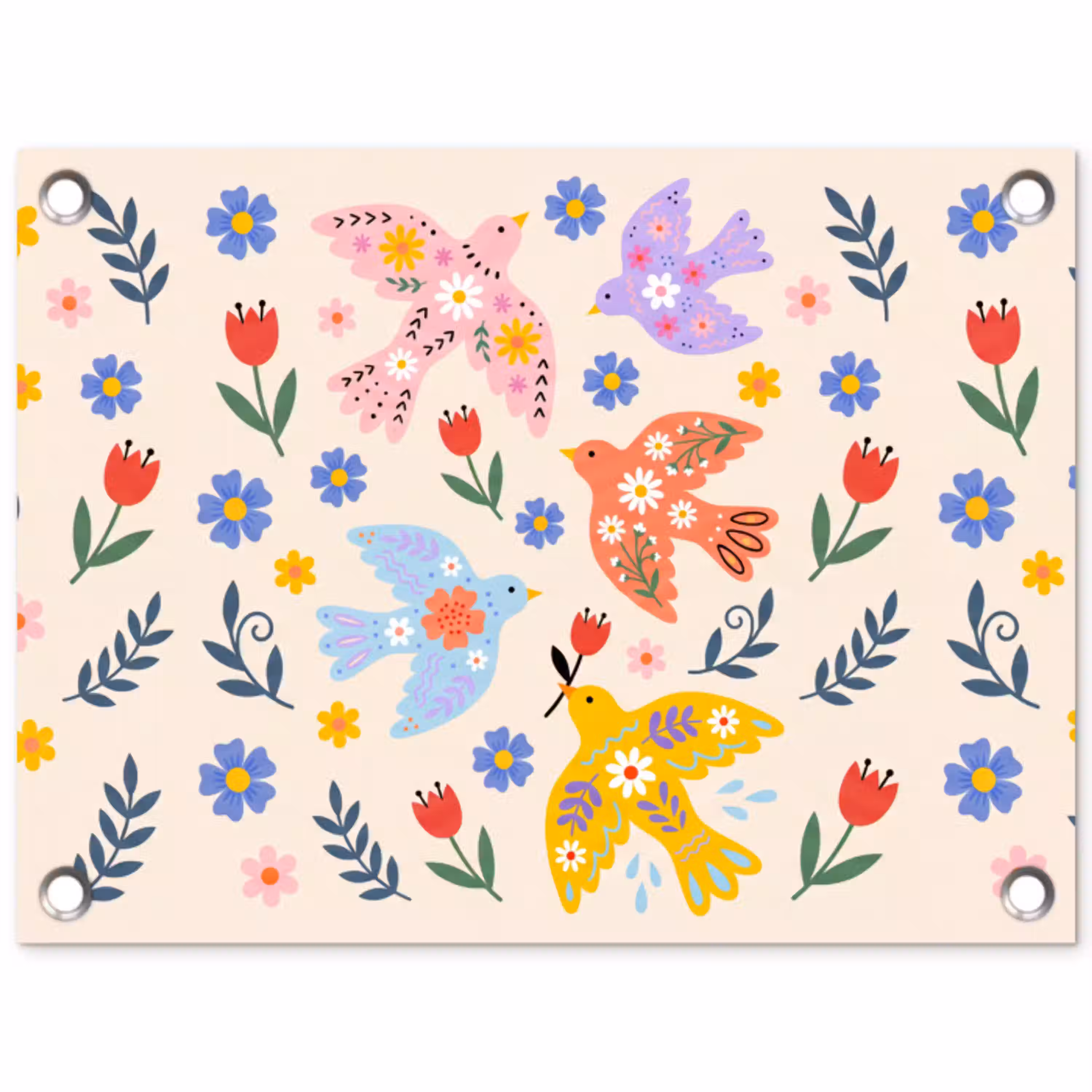 Vogel - Bloemen - Folk - Kleurrijk - Dieren tuinposter los doek klein -3d