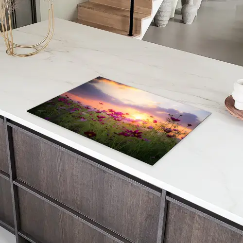 Bloemen - Roze - Zonsondergang - Natuur - Weide - Horizon Inductie beschermer vinyl 3mm klein -sfeer8