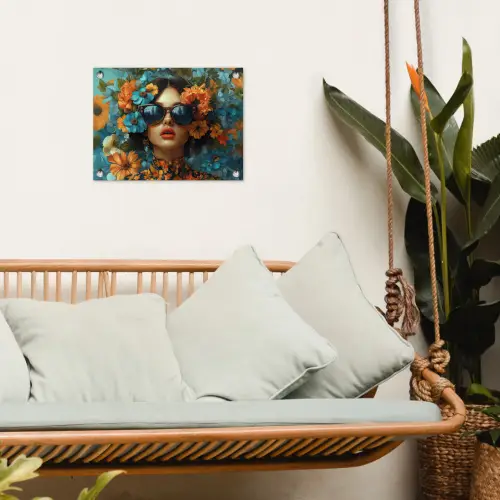 Vrouw - Bloemen - Oranje - Blauw - Modern tuinposter los doek klein -sfeer7
