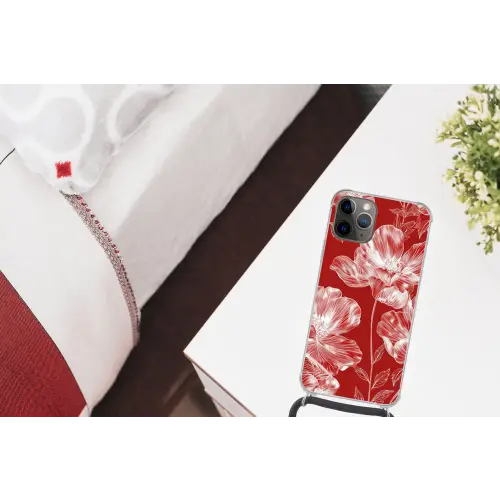 Bloemen - Patroon - Rood - Wit Hoesje iPhone 12 Pro met koord klein -kamer