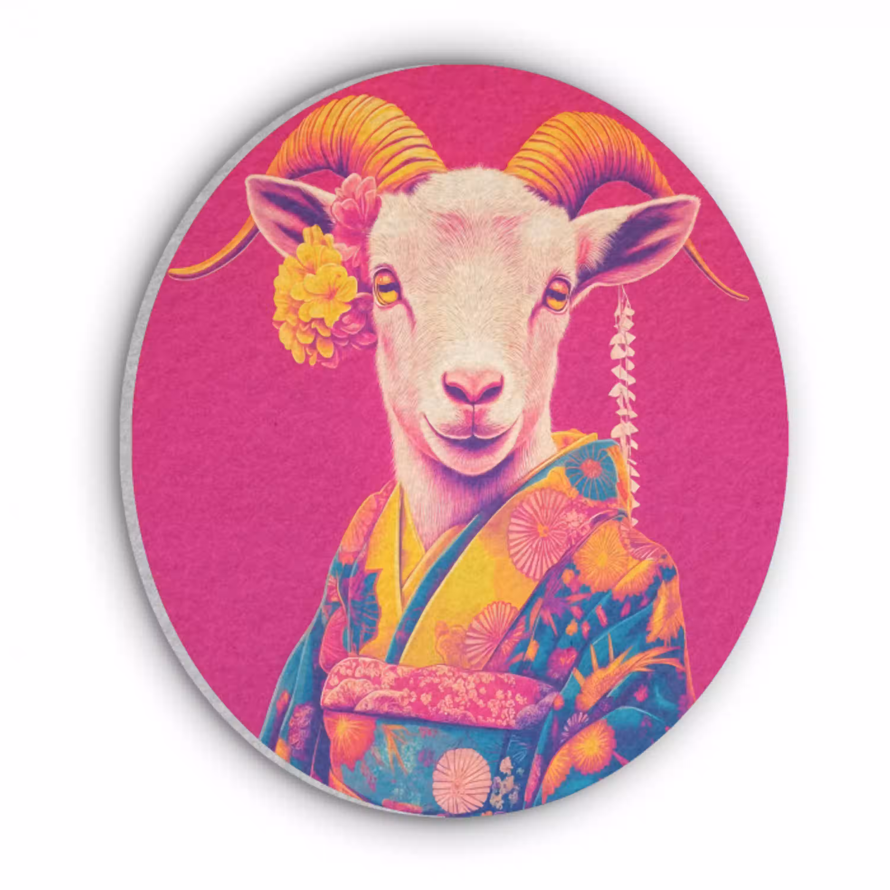 Geit - Hoorns - Kimono - Kleurrijk Akoestische PET Vilt - Rond klein -3d