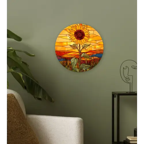 Zonnebloem - Mozaïek - Zonsondergang - Geel Wandcirkel kunststof plaat 5mm dik klein -sfeer3