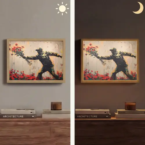 Street art - Man - Bloemen - Graffiti - Banksy Style Light Box met batterij (Wandlamp) middel -sfeer3