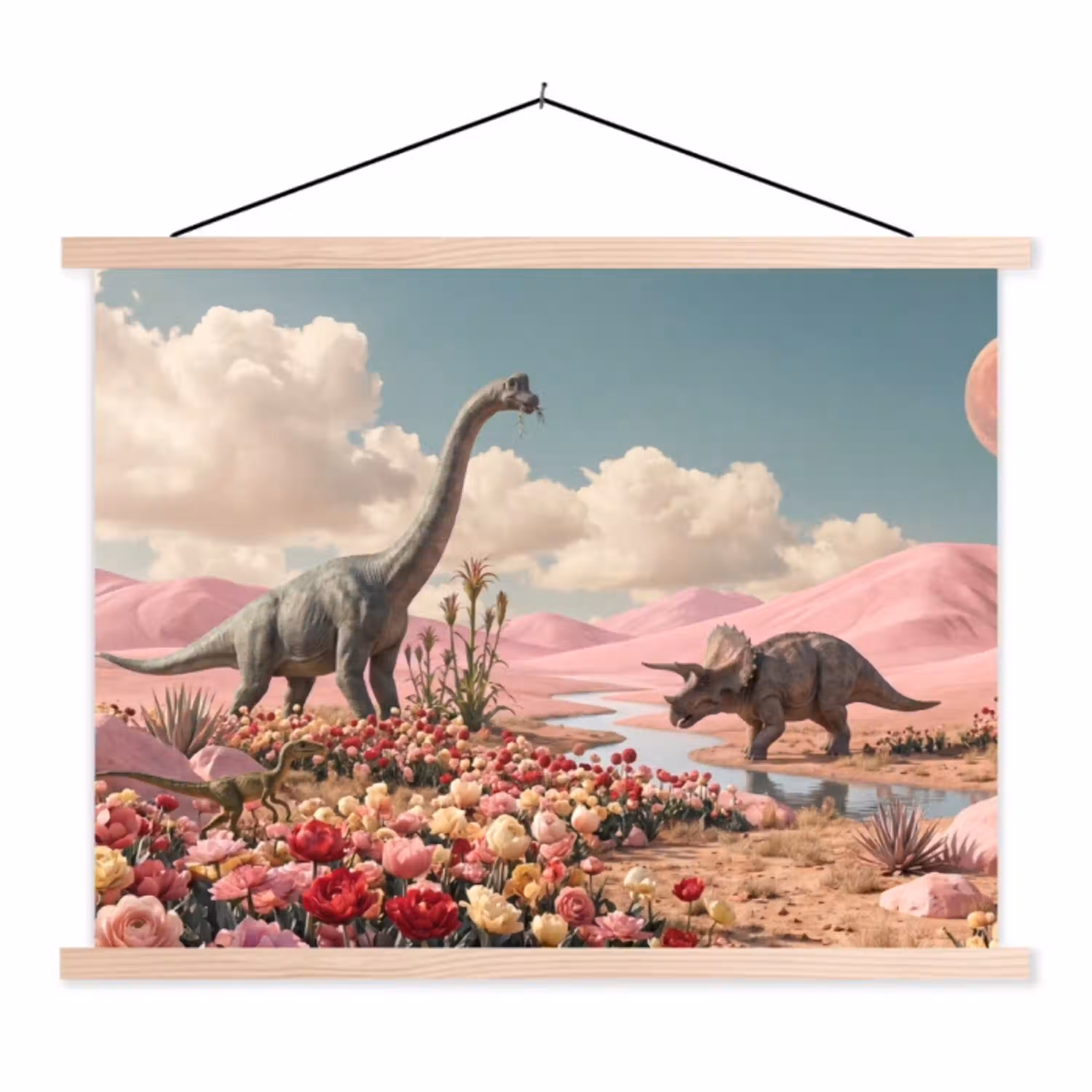 Dinosaurus - Roze - Landschap textielposter latten blank klein -3d