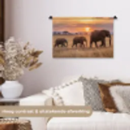 Olifanten - Savanne - Zonsondergang - Afrika - Warm Wandkleed katoen klein -sfeer1