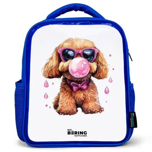 Bruine hond met roze bril en kauwgombal Kinderrugzak - Blauw middel -3d