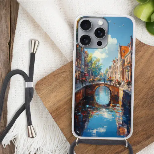 Stad - Gracht - Zon - Fietsen Hoesje iPhone 16 Pro Max met koord klein -sfeer4