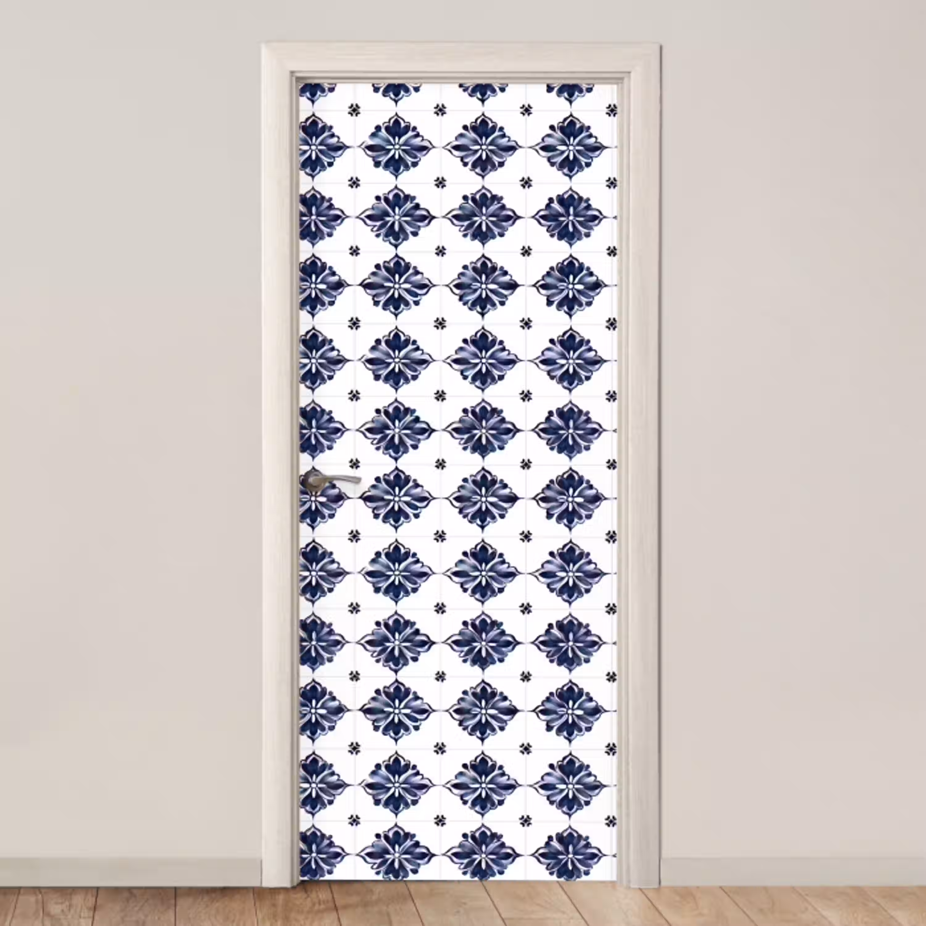 Tegelmotief - Blauw - Wit - Bloem deurposter klein 289 -3d_beige