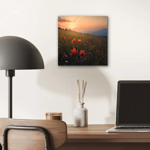 Bloemenveld - Gras - Bloemen - Planten - Zonsondergang - Oranje aluminium wit klein -sfeer5