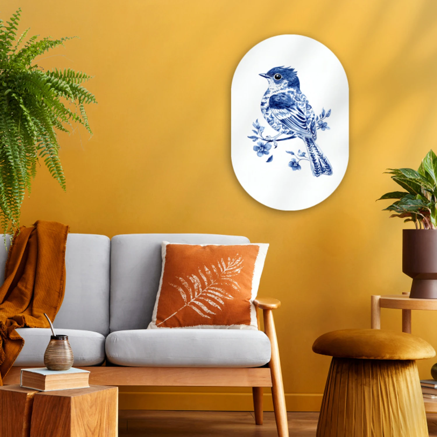 Vogel - Delfts blauw - Illustratie - Bloemen Wandcirkel Ovaal Forex klein -sfeer4