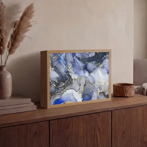 Marmer - Goud - Abstract - Blauw Light Box met batterij (Wandlamp) middel -sfeer2