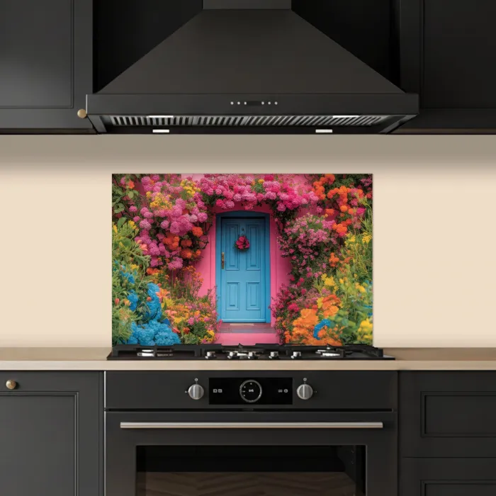 Bloemen - Deur - Roze keuken achterwand spatscherm klein -sfeer1