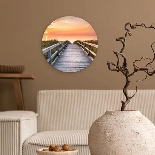Zonsonderang - Zee - Pad - Gras - Duin - Vogels Wandcirkel kunststof plaat 5mm dik klein -sfeer1