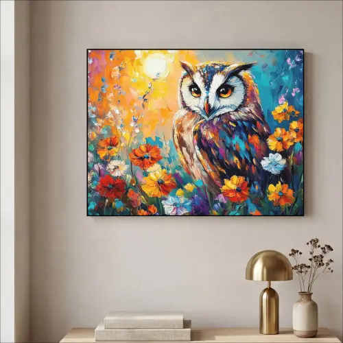 Uil - Bloemen - Kunst - Zonsondergang Textielframe zwart klein -sfeer2