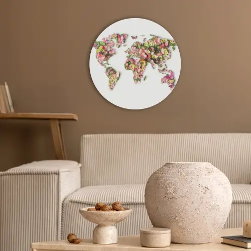 Wereldkaart - Bloemen - Felgekleurd Akoestische PET Vilt - Rond klein -sfeer1