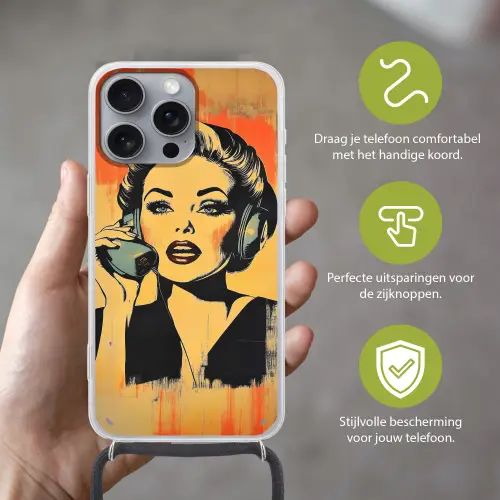 Retro - Vrouw - Koptelefoon - Oranje Hoesje iPhone 16 Pro Max met koord klein -sfeer2_NL