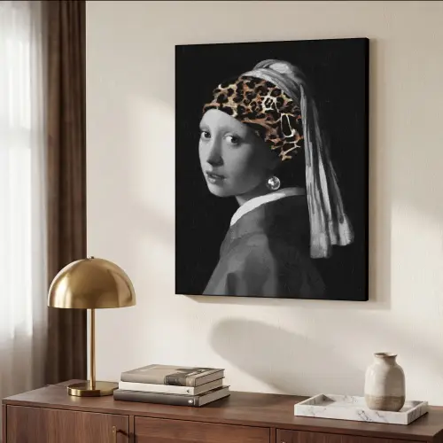 Het meisje met de parel - Johannes Vermeer - Panterprint Textielframe zwart klein -sfeer3
