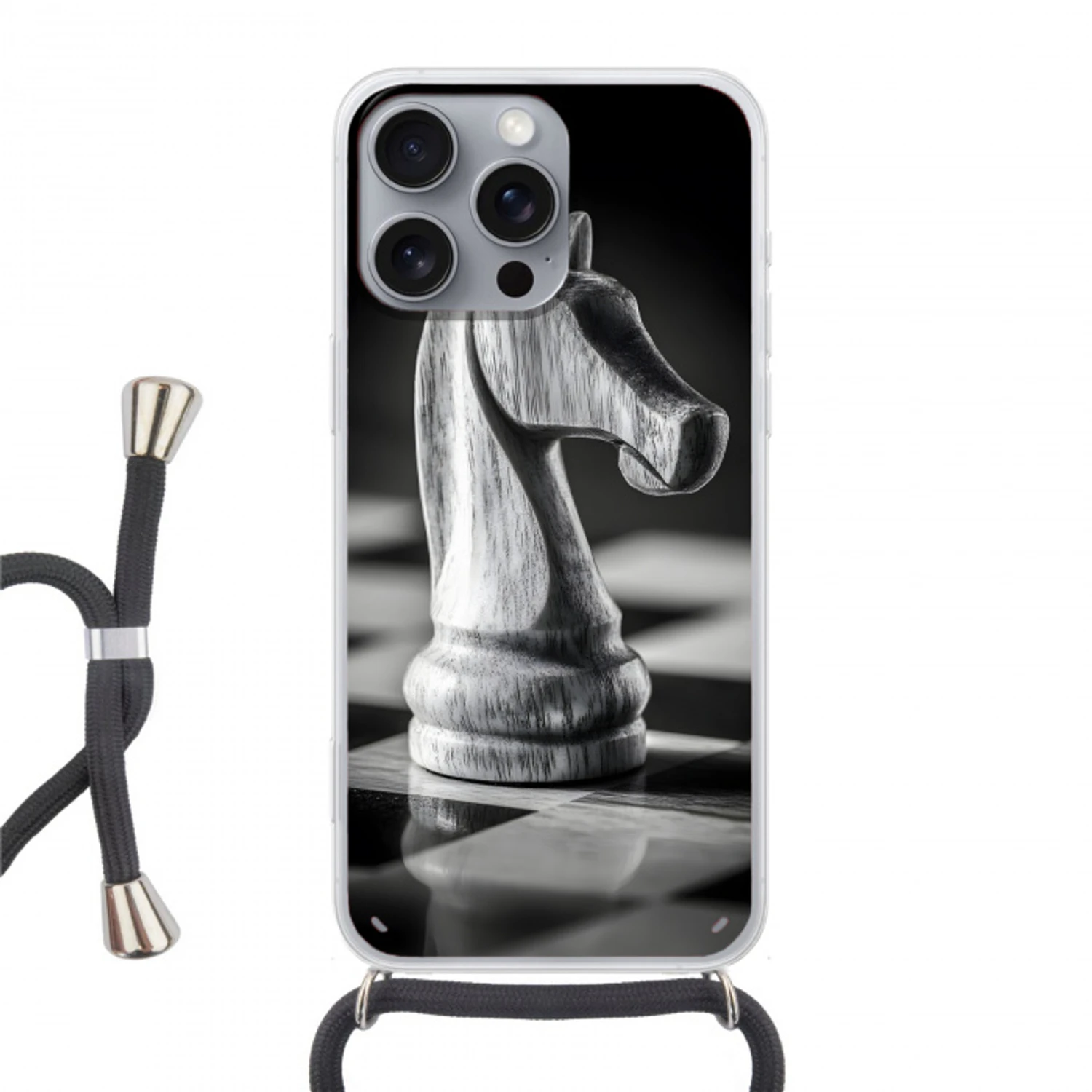 Paard - Hout - Schaalbord - Zwart Hoesje iPhone 16 Pro Max met koord klein -3d