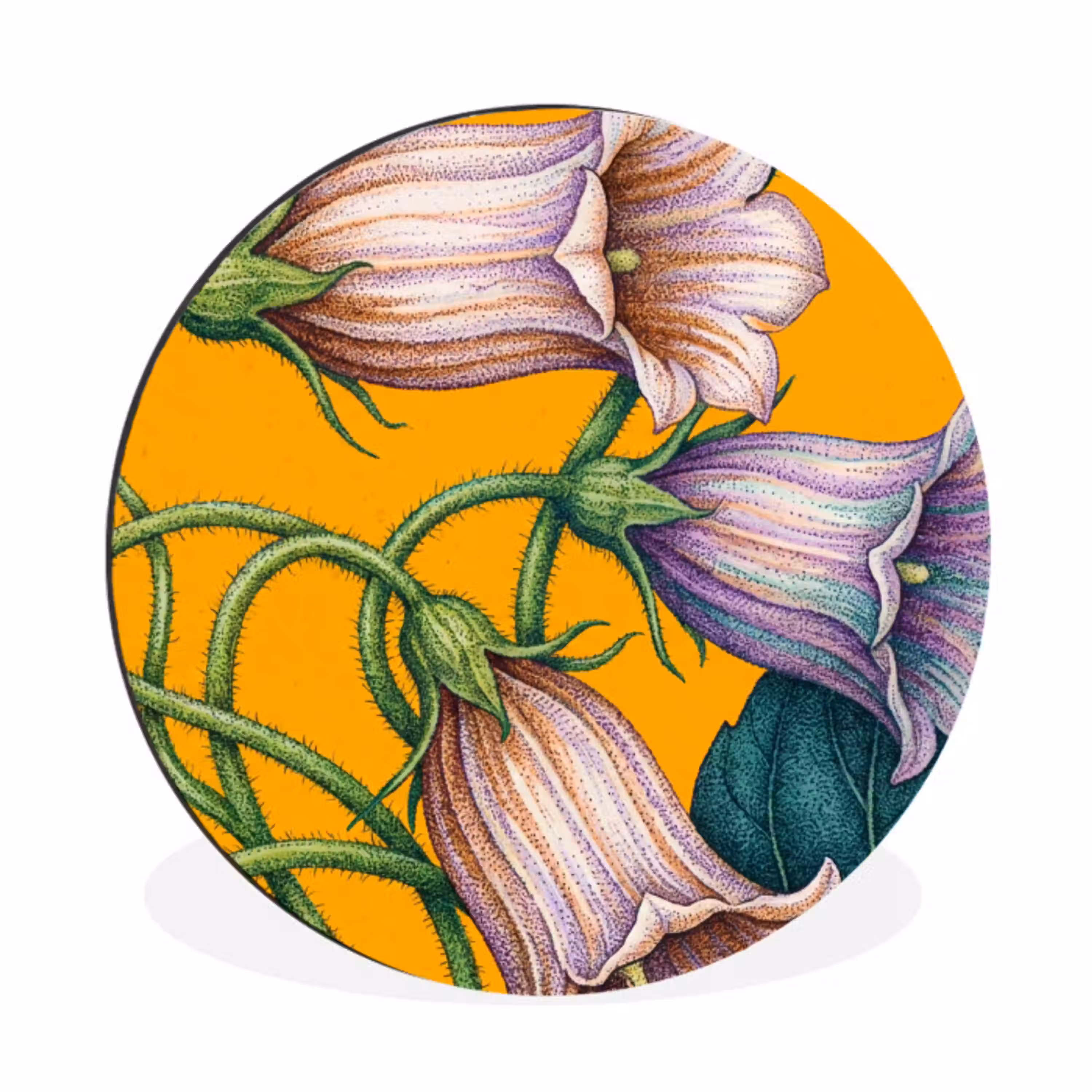 Bloemen - Botanisch - Geel Wandcirkel aluminium klein -3d