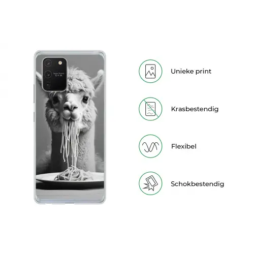 Alpaca - Pasta - Zwart - Wit - Grappig - Dieren Telefoonhoesje Samsung Galaxy S10 Lite klein -specsS10Lite