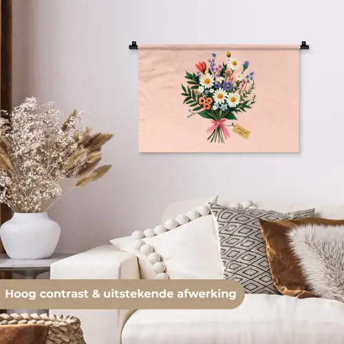 Margrieten - Boeket - Strikje - Roze Wandkleed katoen klein -sfeer1